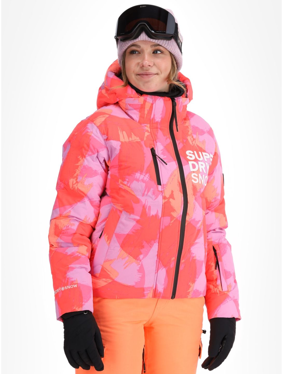 Superdry, Hooded Ski Boxy Puffer ski-jas dames Brush Camo Coral roze 