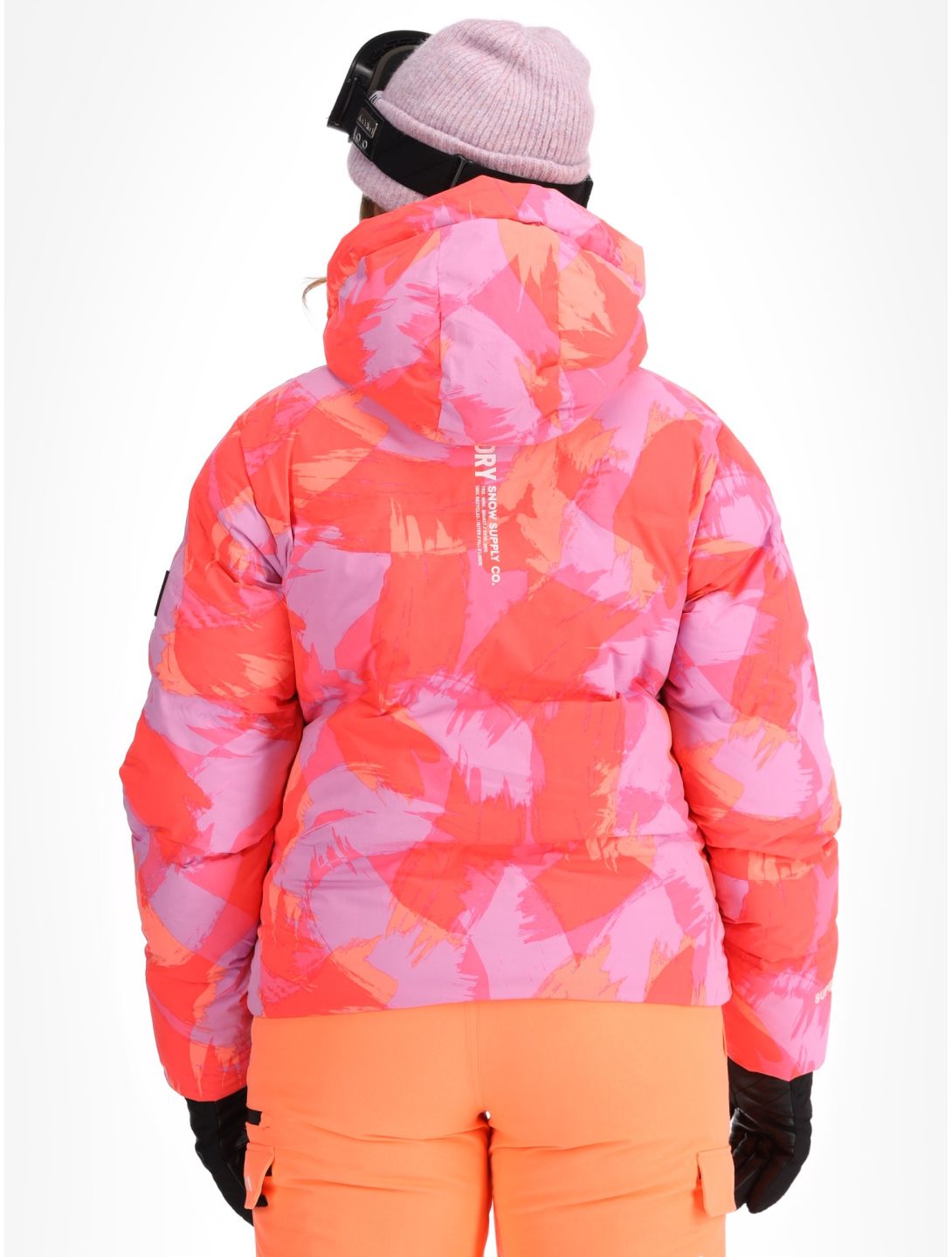 Superdry, Hooded Ski Boxy Puffer ski-jas dames Brush Camo Coral roze 