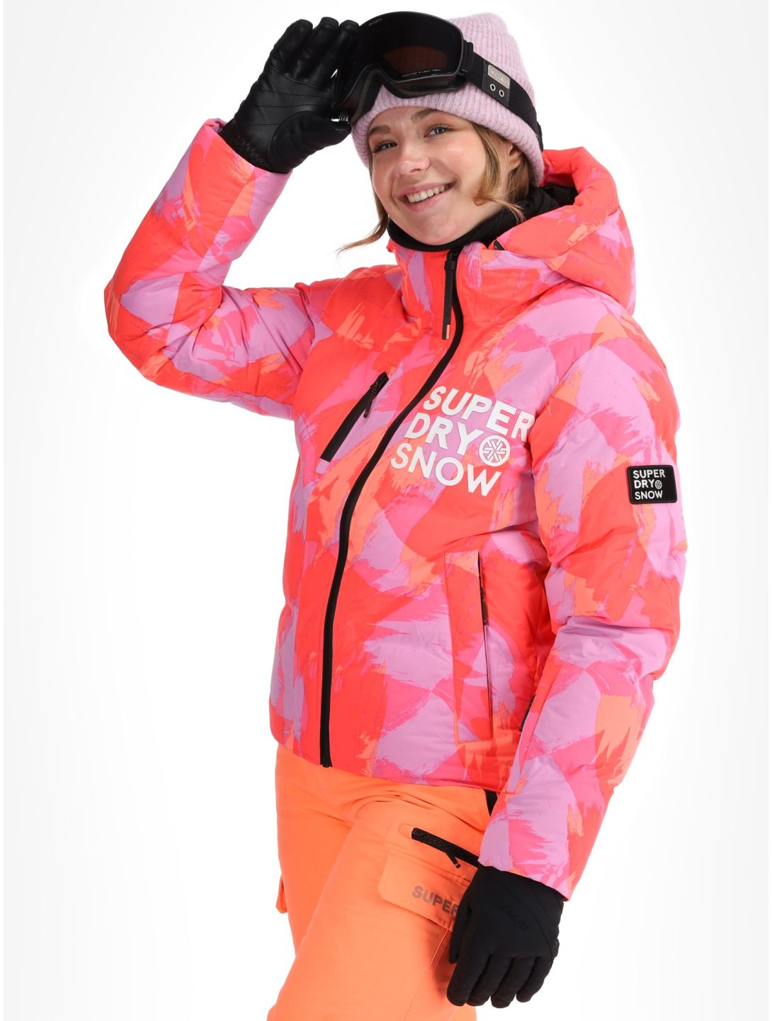 Superdry, Hooded Ski Boxy Puffer ski-jas dames Brush Camo Coral roze 