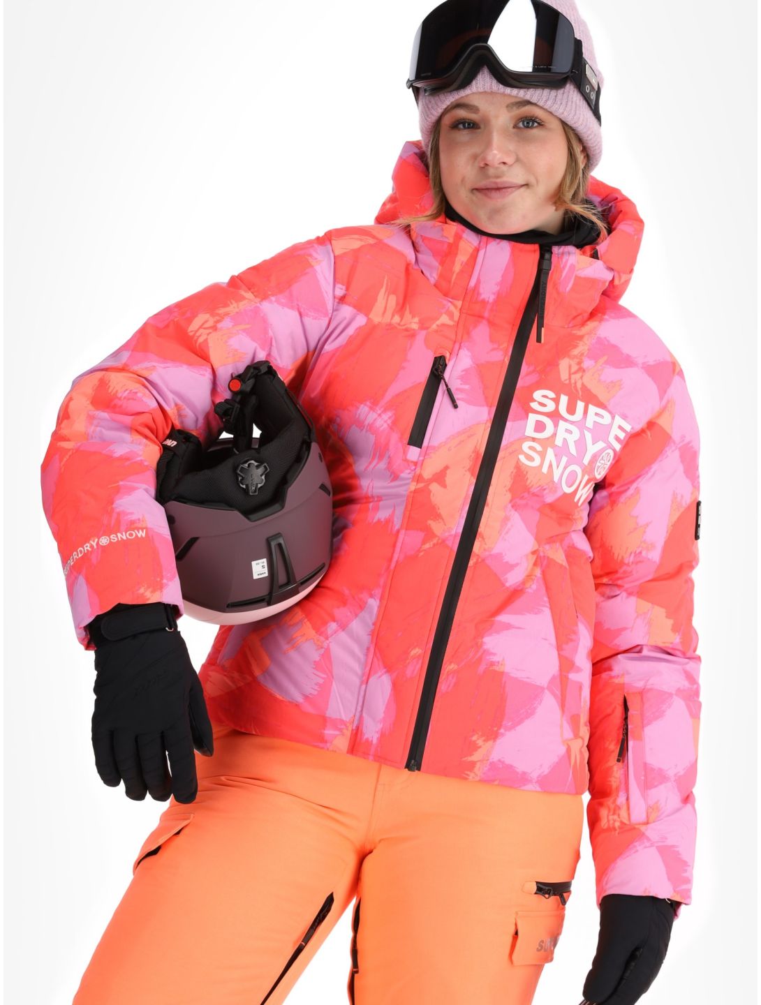 Superdry, Hooded Ski Boxy Puffer ski-jas dames Brush Camo Coral roze 