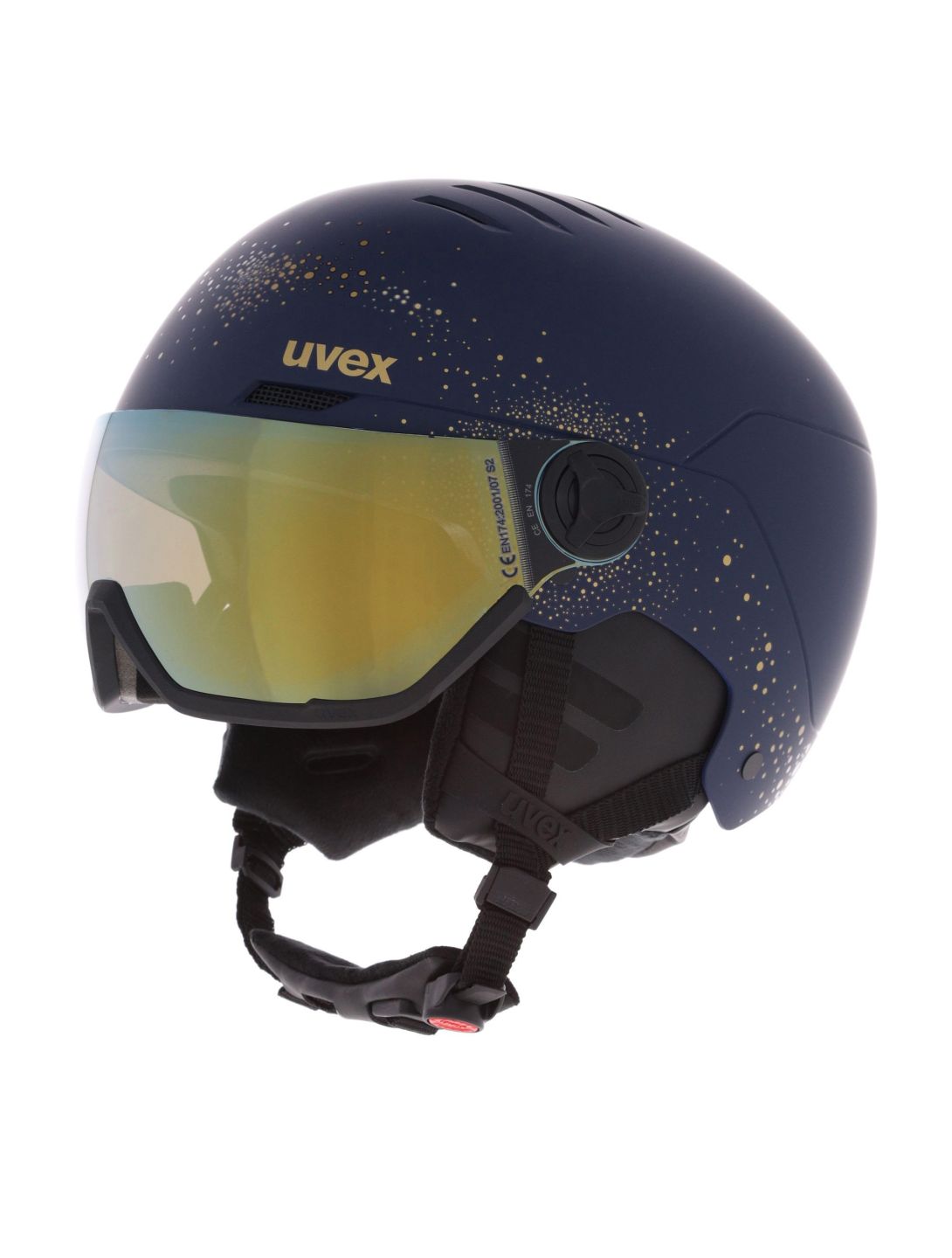 Uvex, Wanted Visor Women Edition skihelm met vizier unisex Polar Sparkle / Mirror Gold blauw 