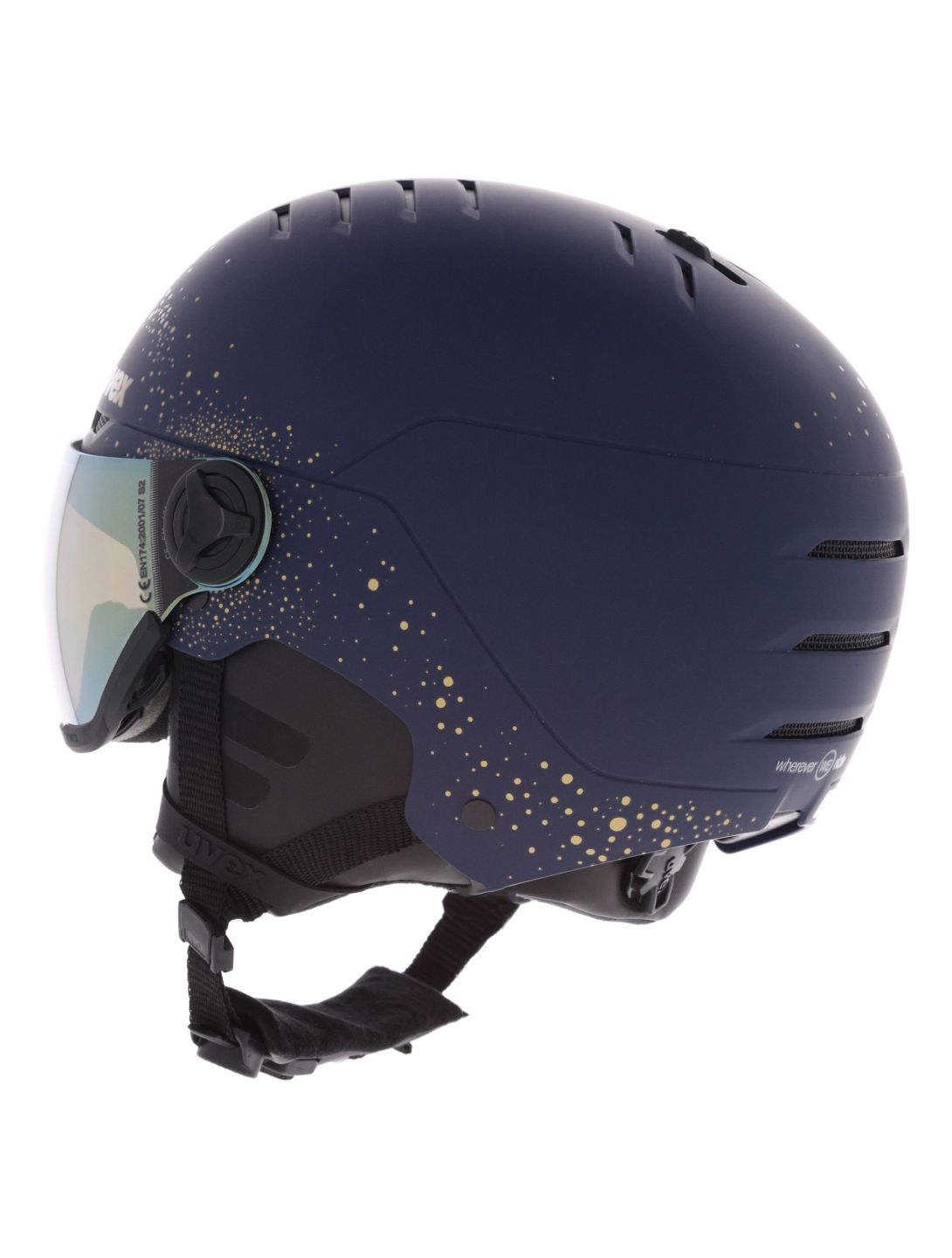 Uvex, Wanted Visor Women Edition skihelm met vizier unisex Polar Sparkle / Mirror Gold blauw 