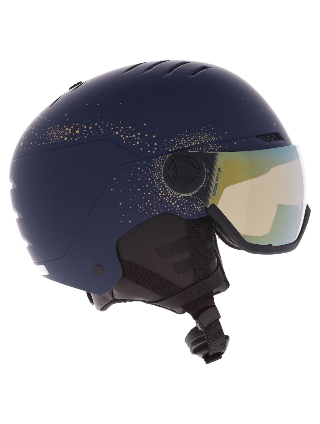 Uvex, Wanted Visor Women Edition skihelm met vizier unisex Polar Sparkle / Mirror Gold blauw 