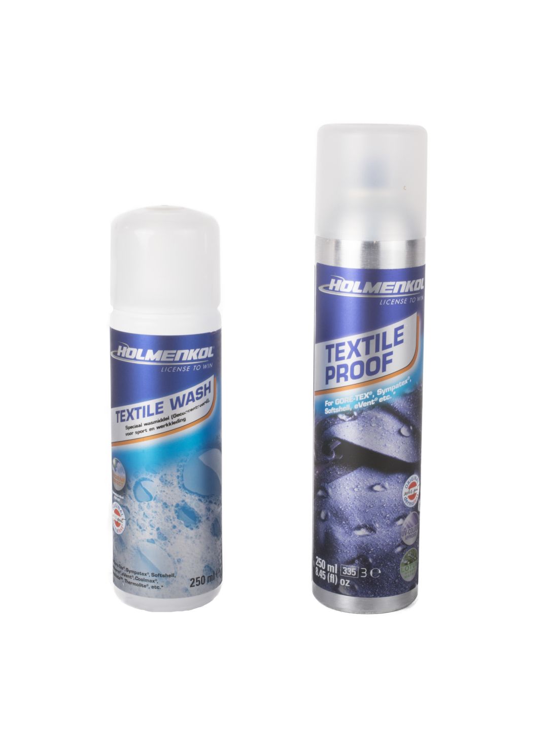 Holmenkol, textiel wasmiddel en textiel proofspray, was set