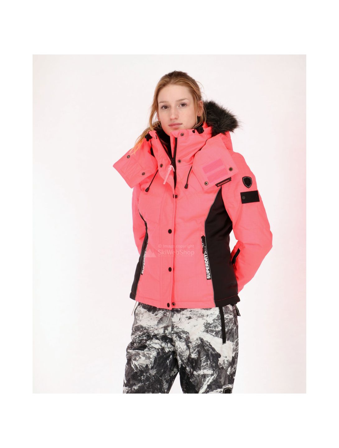 Superdry, Snow Puffer ski-jas, dames, fluro koraal/zwart 