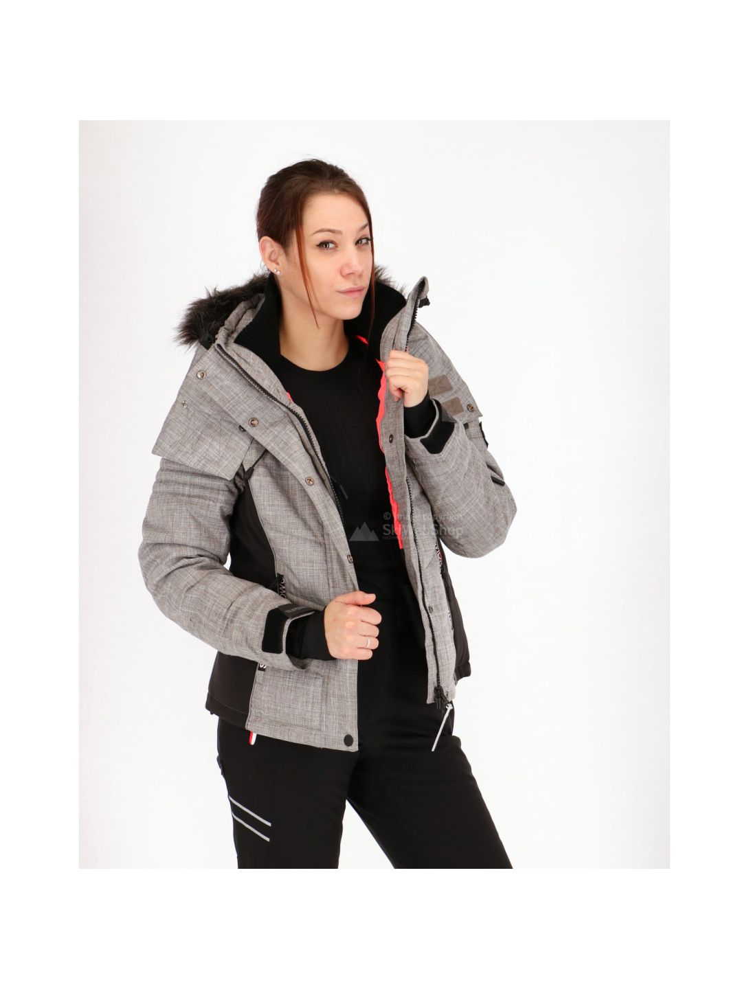 Superdry, Snow Puffer ski-jas, dames, licht grijs grit/ fluro koraal 