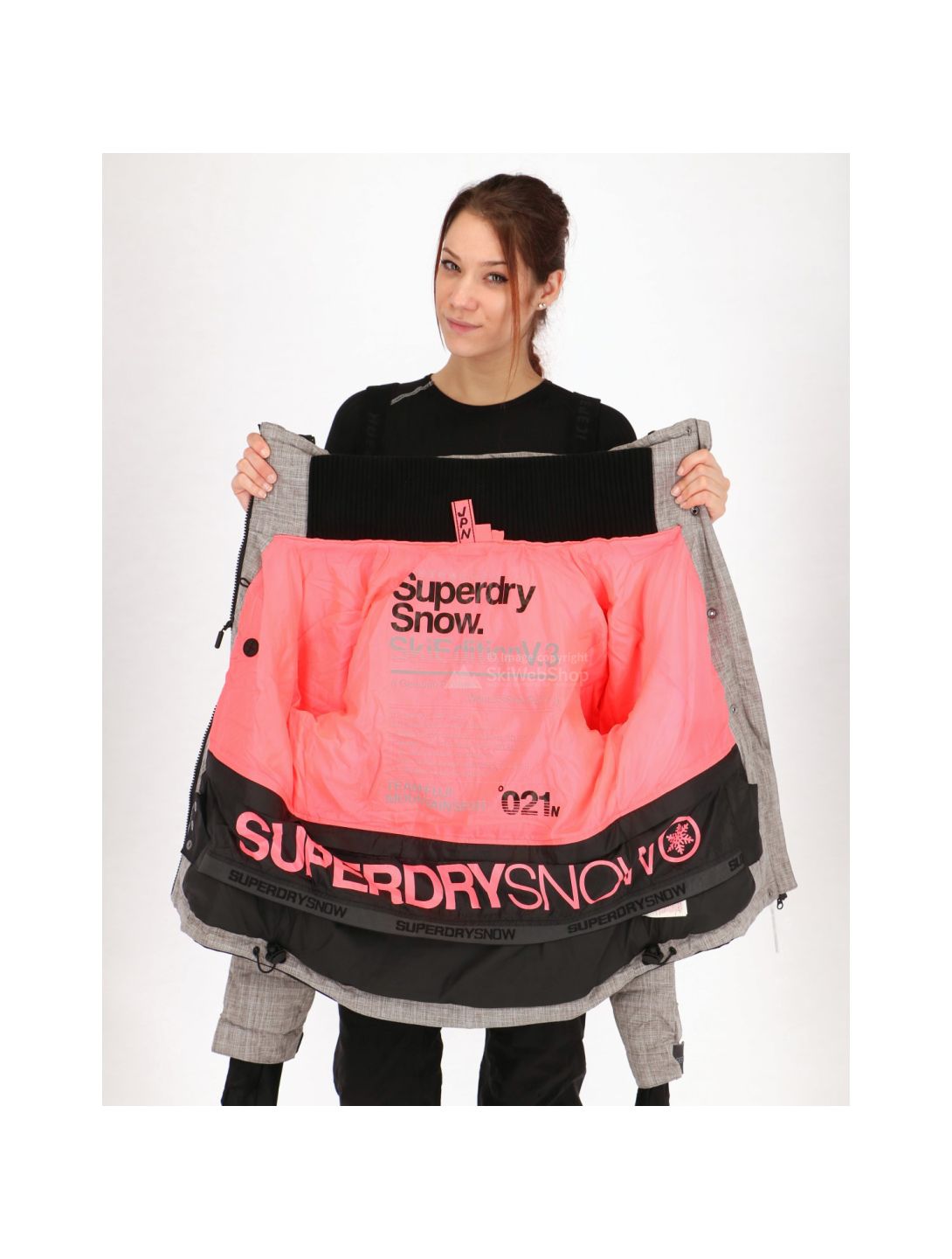 Superdry, Snow Puffer ski-jas, dames, licht grijs grit/ fluro koraal 